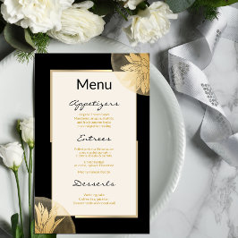 Modern Gold Floral Wedding Menu on black
