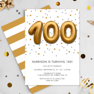 Modern Gold Foil Ballon 100. Geburtstag Einladung