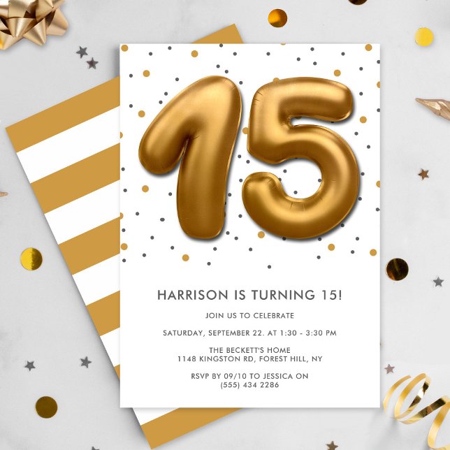 Modern Gold Foil Ballon 15. Geburtstag Einladung (Von Creator hochgeladen)