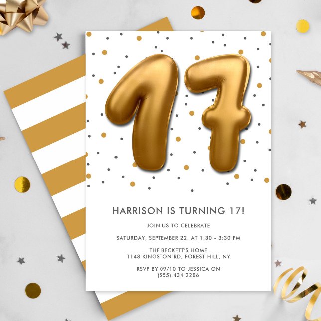 Modern Gold Foil Ballon 17. Geburtstag Einladung (Von Creator hochgeladen)