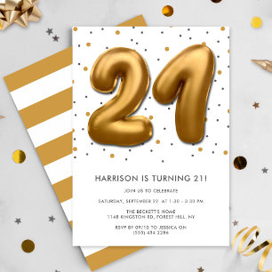 Modern Gold Foil Ballon 21. Geburtstag Einladung