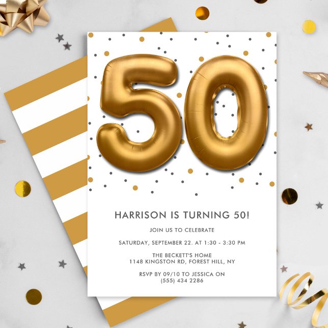 Modern Gold Foil Ballon 50. Geburtstag Einladung (Von Creator hochgeladen)