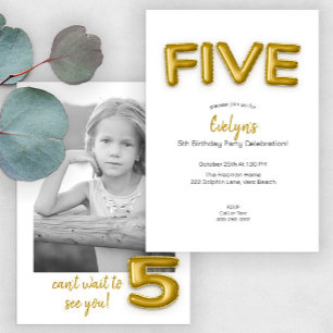Modern Gold Foil Ballon 5th Birthday Party Foto Einladung