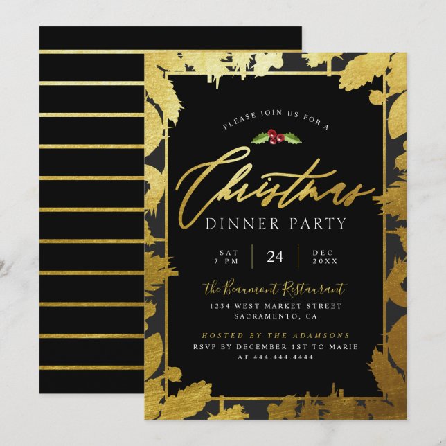 Modern Gold Foil & Black Christmas Dinner Party Einladung (Vorne/Hinten)