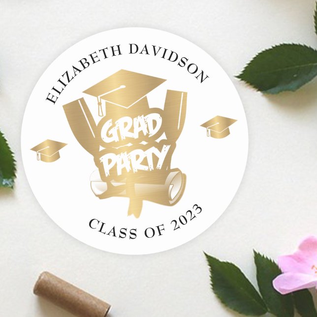 Modern Gold Foil grad Partys Black typography Runder Aufkleber (Von Creator hochgeladen)