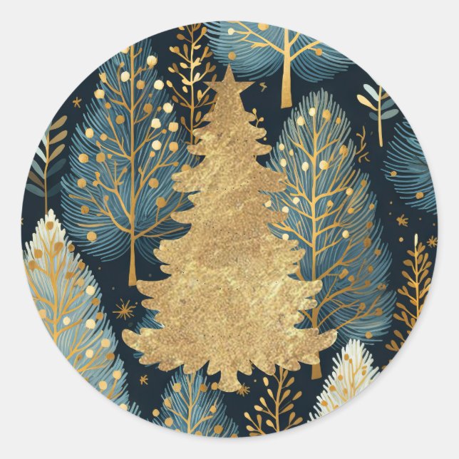 Modern Gold Foil Holiday Forest Weihnachtsbaum Runder Aufkleber (Vorderseite)
