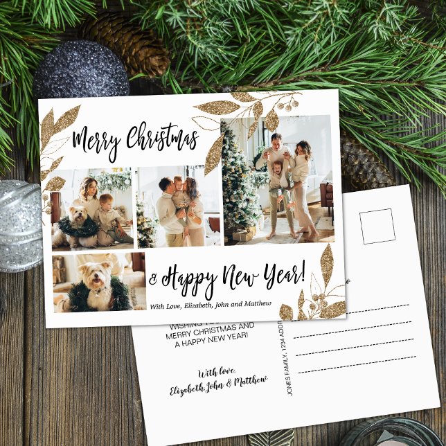 Modern Gold Foliage 4 Foto Collage Weihnachtspost Postkarte (Von Creator hochgeladen)