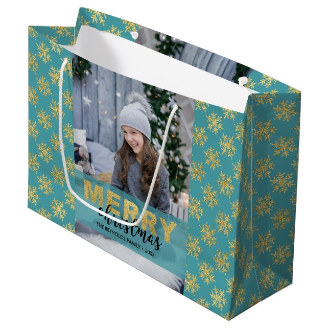 Modern Gold Frohe Weihnachten Foto Große Geschenkt Geschenktüte (Vorderseite Schrägansicht)