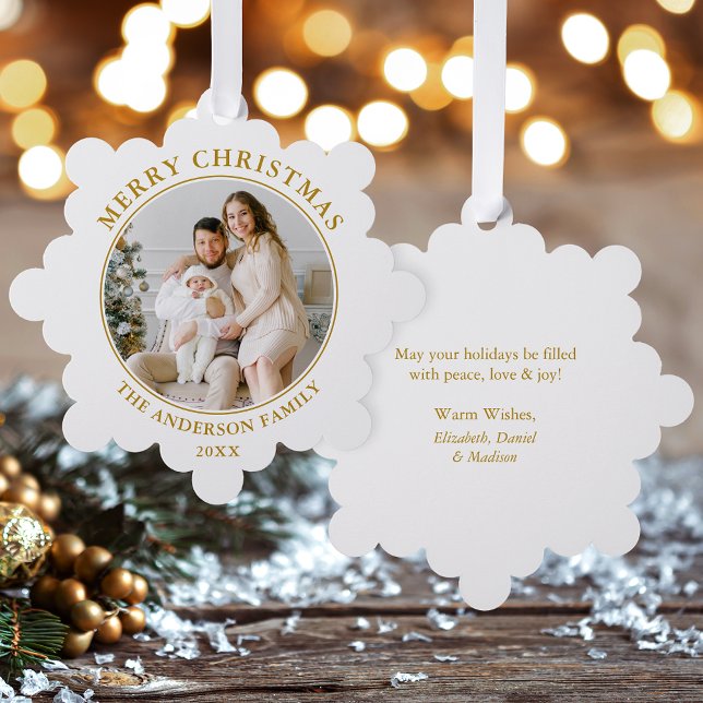 Modern Gold Frohe Weihnachten Foto Ornament Karte (A greeting card that is also an ornament! Customize with your photo and personalized text.)