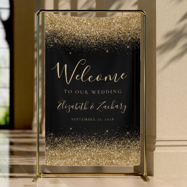 Modern Gold Glitter Black Wedding Welcome Banner (Von Creator hochgeladen)