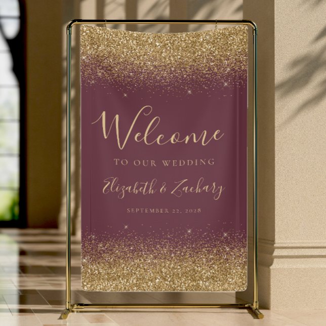 Modern Gold Glitter Dark Burgundy Wedding Welcome Banner (Von Creator hochgeladen)