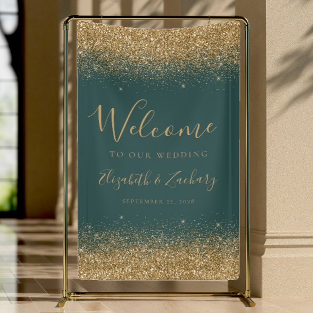 Modern Gold Glitter Dark Green Wedding Welcome Banner (Von Creator hochgeladen)