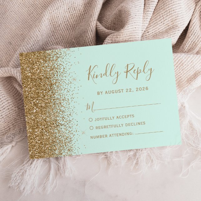 Modern Gold Glitter Mint Green Wedding RSVP Karte (Von Creator hochgeladen)