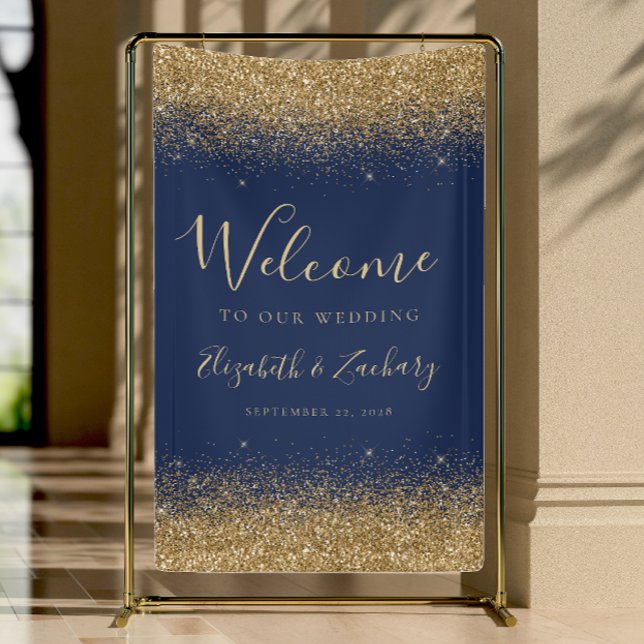 Modern Gold Glitter Navy Blue Wedding Welcome Banner (Von Creator hochgeladen)
