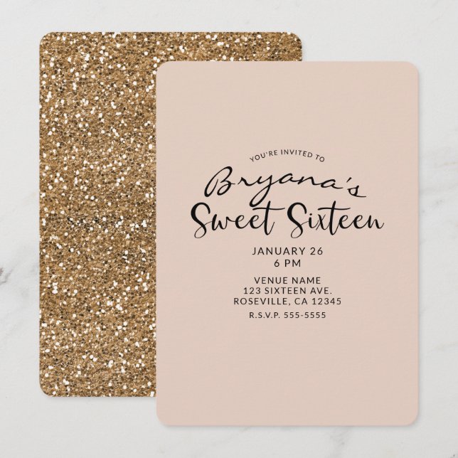 Modern Gold Glitzer Glam Sweet 16 Sechzehn Party Einladung (Vorne/Hinten)