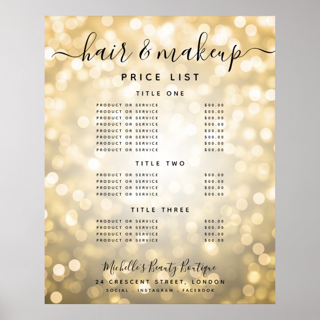 Modern Gold Glitzer Lights Salon Menü Poster (Vorne)