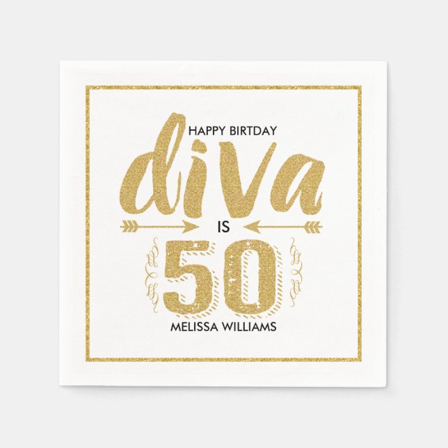 Modern Gold Glitzer & White Diva ist 50 glücklich Serviette (Vorderseite)