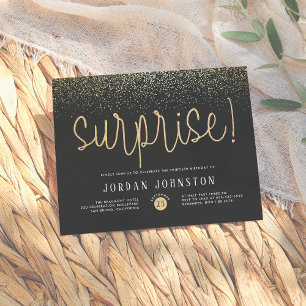 Modern Gold Glitzern Surprise Birthday Party Einladungspostkarte