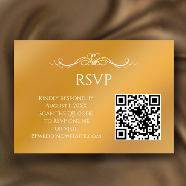 Modern Gold Gradient Custom QR Code Wedding RSVP Karte (Customize this faux gold gradient RSVP card with your QR code and elegant calligraphy script.)