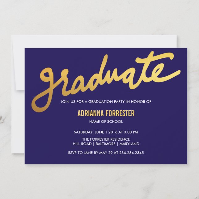 Modern Gold Graduate Typografie Navy Blue Zickzack Einladung (Vorderseite)