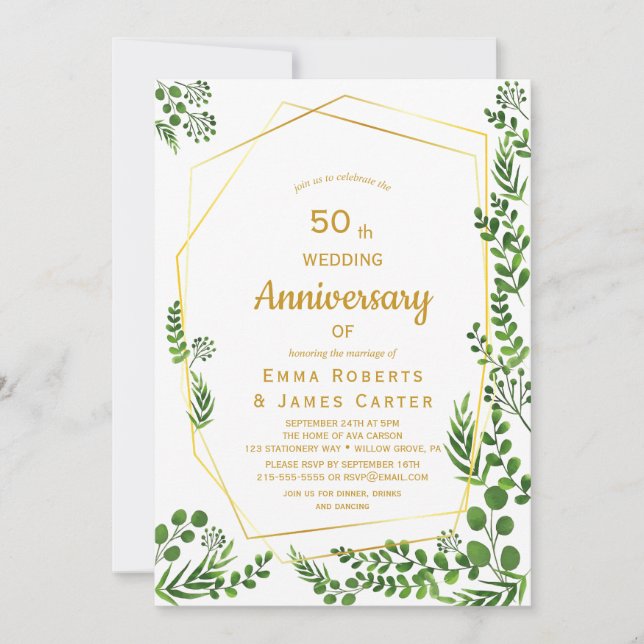Modern Gold & Green 50 Jahre Einladung (Vorderseite)