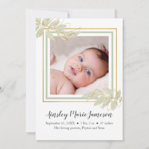 Modern Gold Green White Botanical Baby Girl Birne Ankündigung