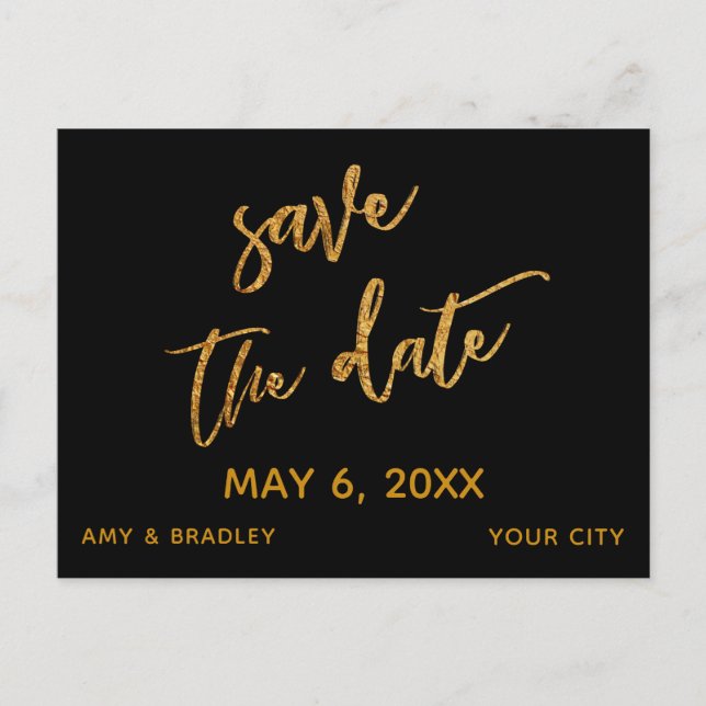 Modern Gold Handschrift Black Save the Date Ankündigungspostkarte (Vorderseite)