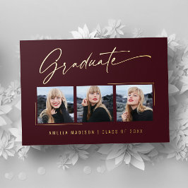 Modern Gold Ink Script Burgundy Grad Foto Card Folieneinladung