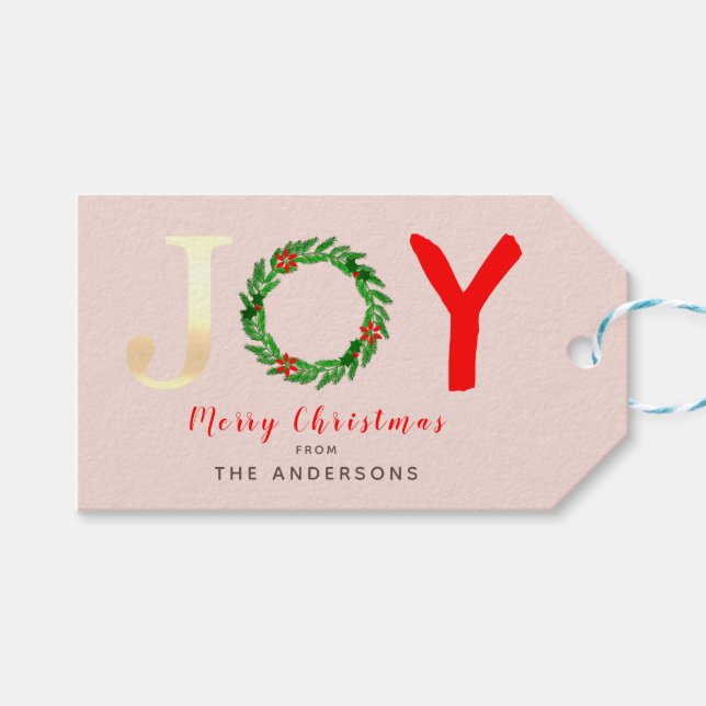 Modern Gold Joy Festive Holly Wreath Light Pink Geschenkanhänger (Vorderseite (Horizontal))