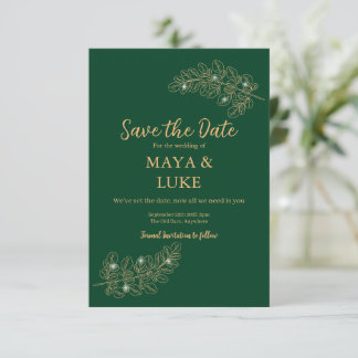 Modern Gold leaves Emerald Save The Date