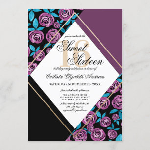 Modern Gold Mauve Black Blume Wasserfarbe Süß 16 Einladung