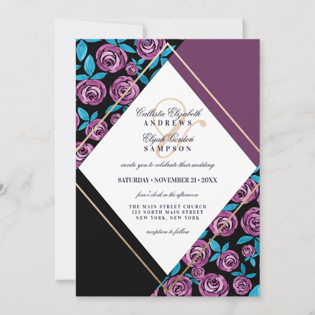 Modern Gold Mauve Black Blume Wasserfarbenhochzeit Einladung (Vorderseite)