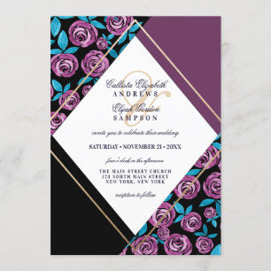 Modern Gold Mauve Black Blume Wasserfarbenhochzeit Einladung