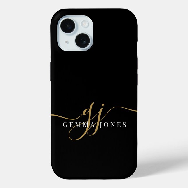 Modern Gold Monogram Feminine Script Name Black Case-Mate iPhone Hülle (Rückseite)