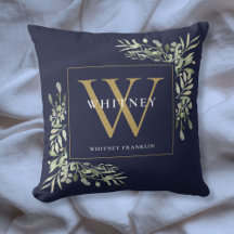 Modern Gold Monogram Greenery Navy Blue