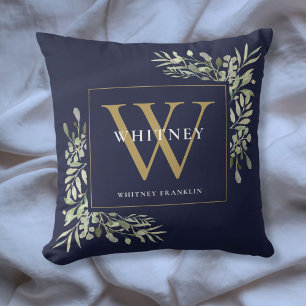 Modern Gold Monogram Greenery Navy Blue Kissen