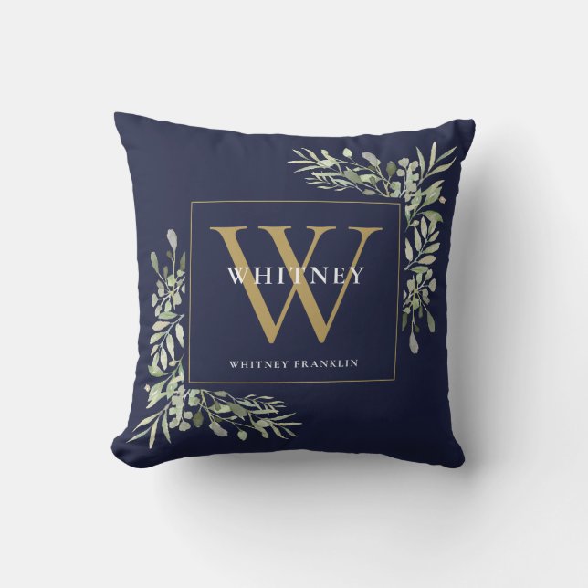 Modern Gold Monogram Greenery Navy Blue Kissen (Vorderseite)