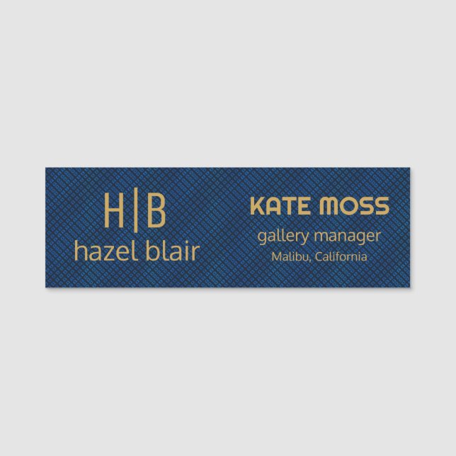 Modern Gold Monogram Logo Blue Squares Muster Namensschild (Vorderseite)
