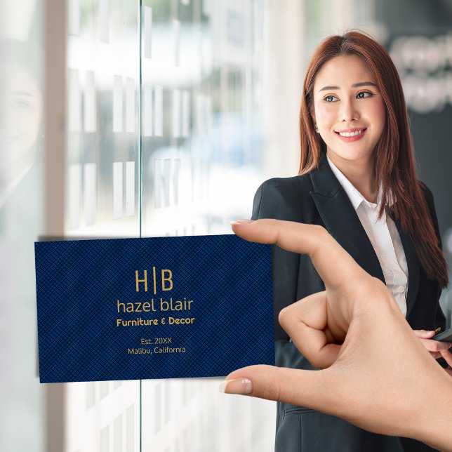 Modern Gold Monogram Logo Blue Squares Muster Visitenkarte (Von Creator hochgeladen)