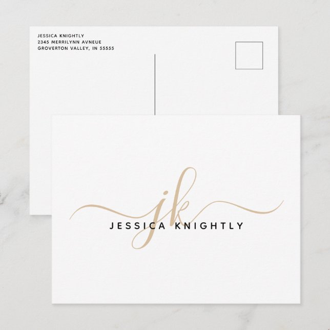 Modern Gold Monogram Script Initials Minimalistisc Postkarte (Vorne/Hinten)