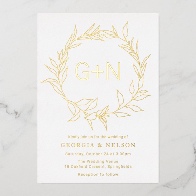 Modern Gold Monogram Verlassen Wreath Wedding Gold Folieneinladung (Vorderseite)