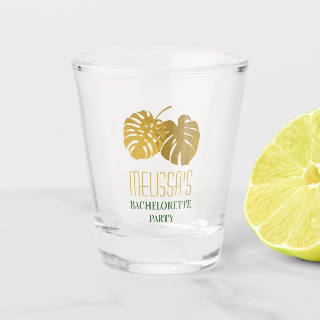 Modern Gold Monstera Blätter Junggeselinnen-Abschi Schnapsglas (Vorderseite)