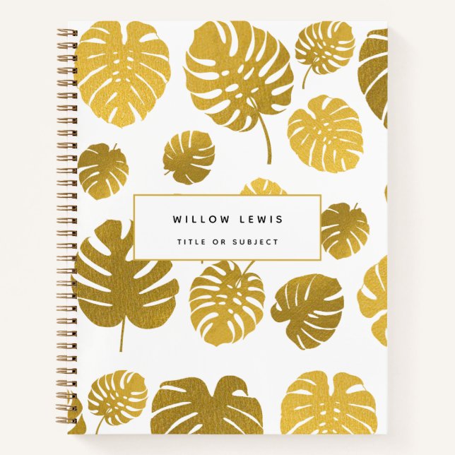 Modern Gold Monstera Tropical Blätter Muster Notizbuch (Vorderseite)