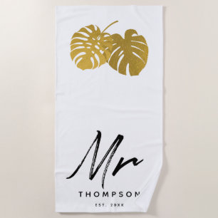 Modern Gold Monstera Tropical Blätter Script Be Strandtuch