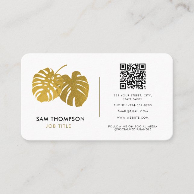 Modern Gold Monsteral Tropical QR Code Social Medi Visitenkarte (Vorderseite)
