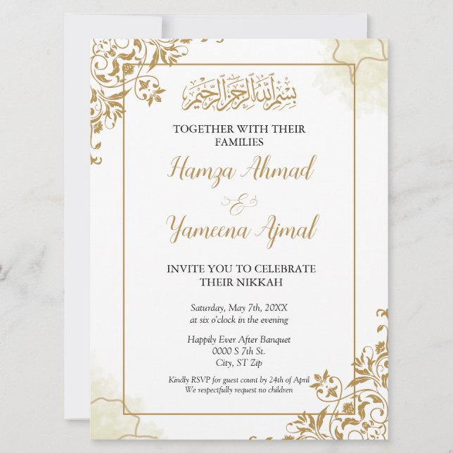 Modern Gold Muslim Islamische Hochzeit Nikkah Einladung (Vorderseite)