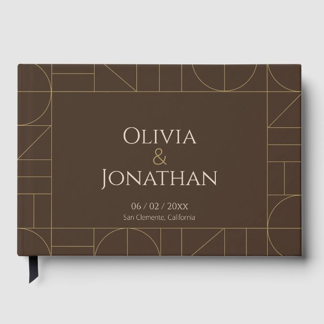 Modern Gold Ornaments Dark Brown Wedding Gästebuch (Vorderseite)