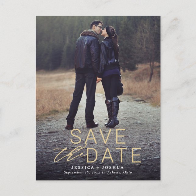 Modern Gold Overlay Full Foto Save the Date Postkarte (Vorderseite)
