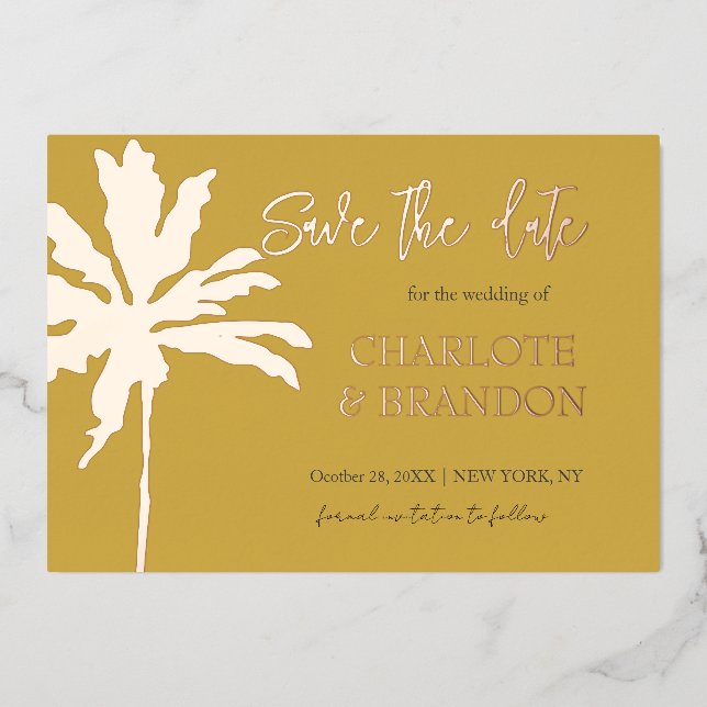 Modern Gold Palm Tree Beach Hochzeit Save the Date Folieneinladung (Vorderseite)