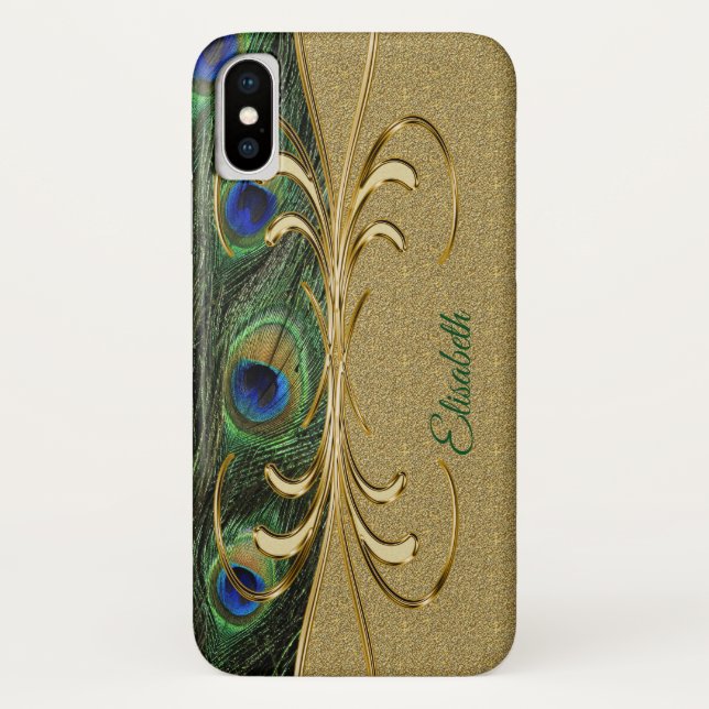 Modern Gold Peacock Feather Monogram Case-Mate iPhone Hülle (Rückseite)